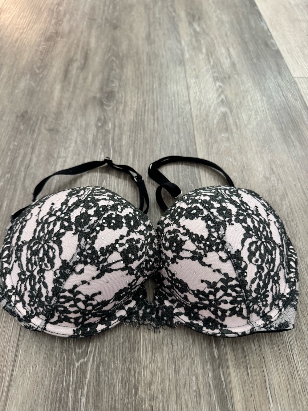 Victoria's Secret Black Lace Overlay Bra with Light Pink Base